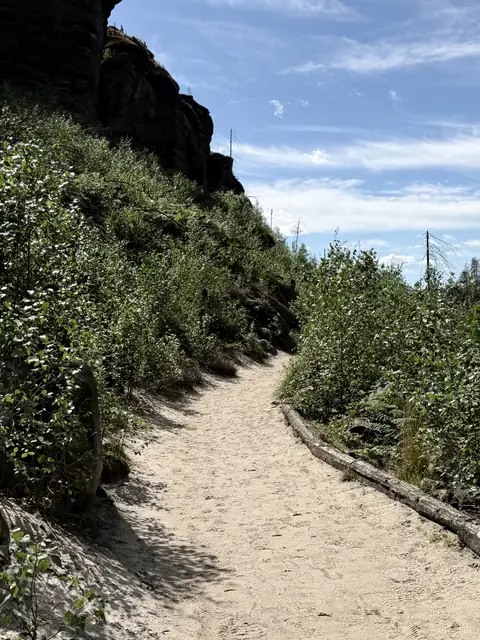Sandiger Wanderweg bergauf zwischen Felsen und Grün – wasbraucheich.de